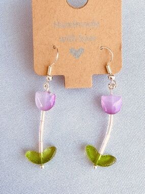Handmade Pink Tulip Drop Earrings with Green Glass Leaves